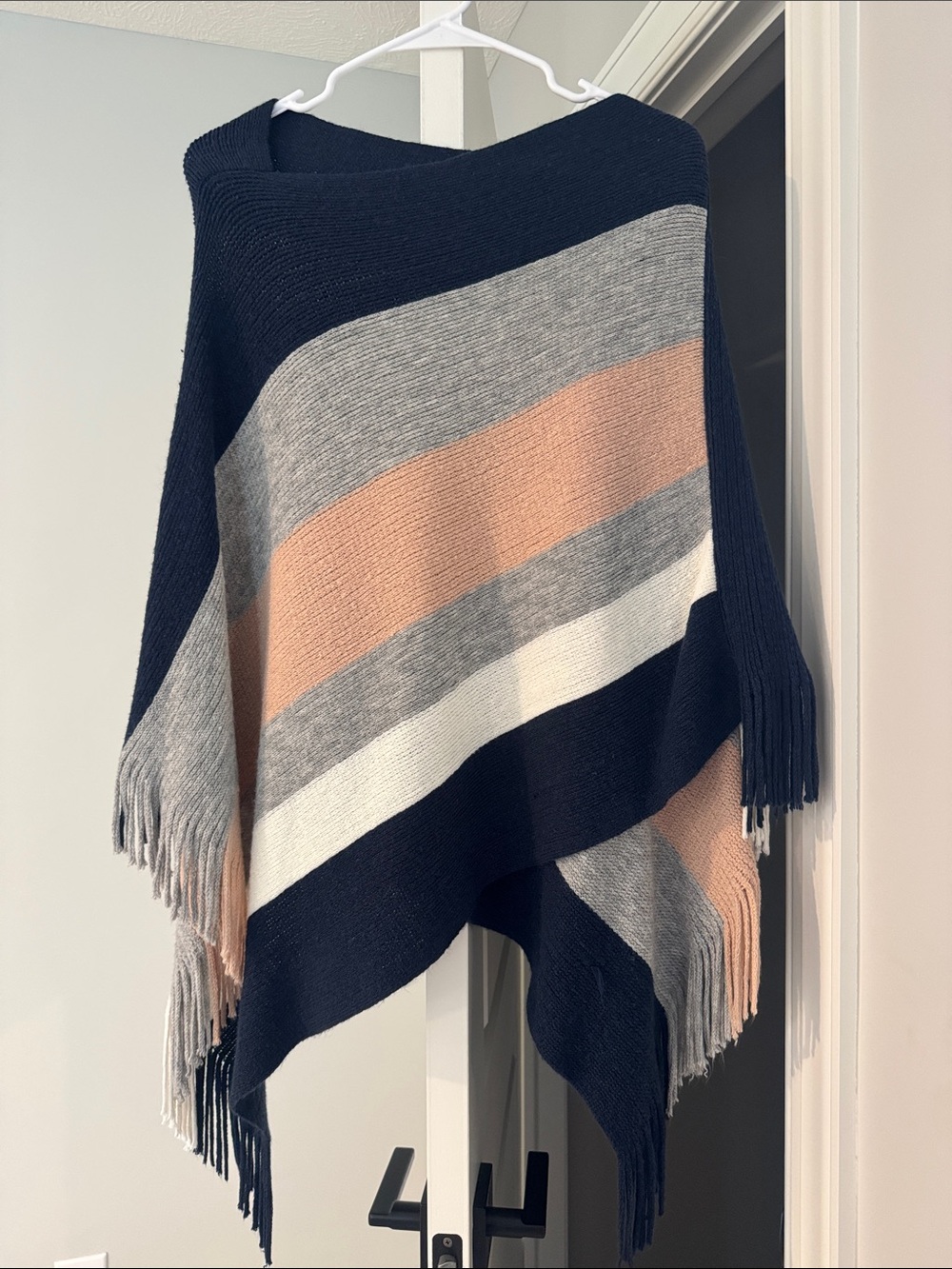 Striped Fringe Poncho Sweater - Navy, Gray & Blush